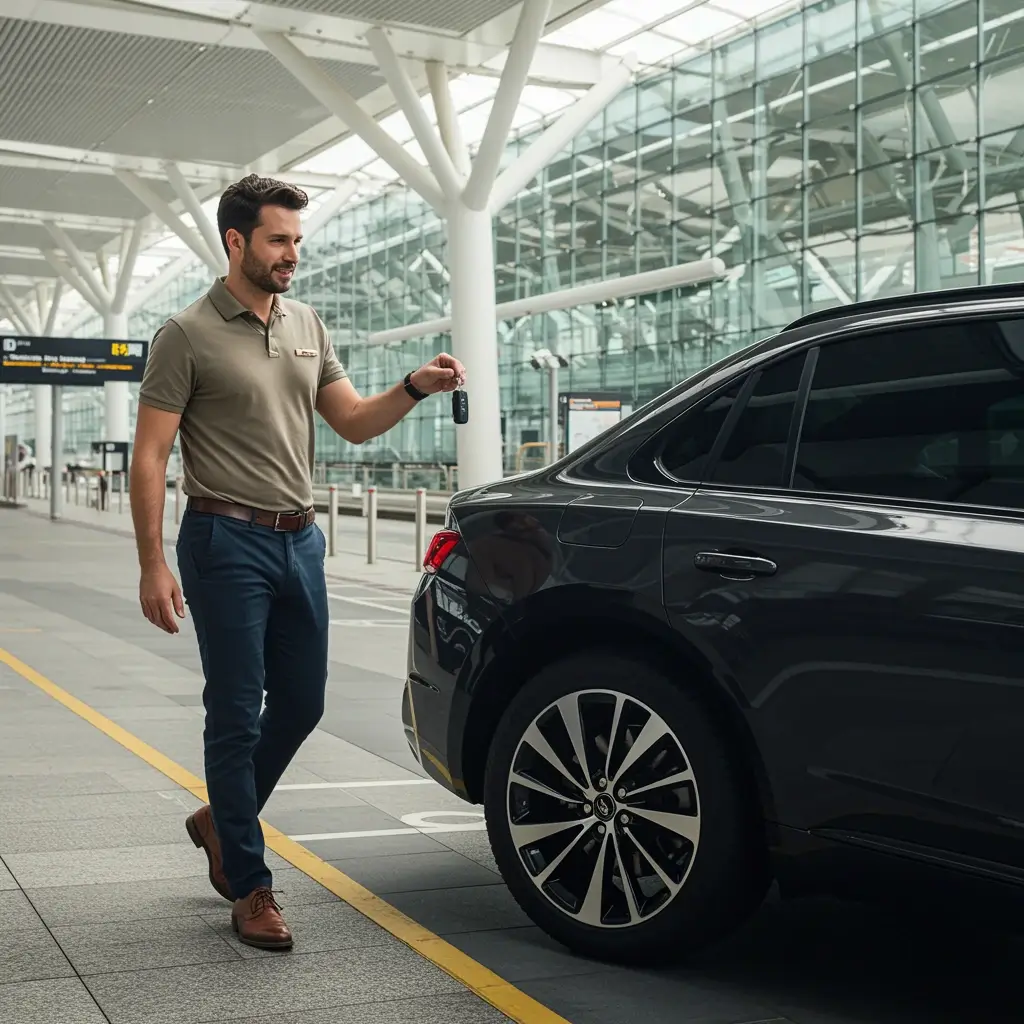 Personal de Parkit realizando la entrega de llaves y recogida de vehículo premium en la terminal T1 del Aeropuerto de Barcelona El Prat, servicio de parking VIP sin traslados.